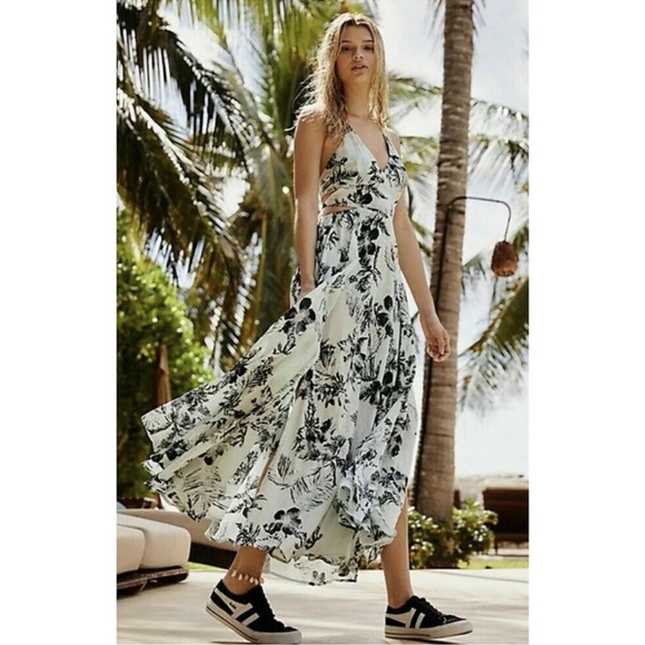 Free People Lille Printed Maxi Dress Floral Blue Celadon Halter Dress Sz small - Picture 4 of 11